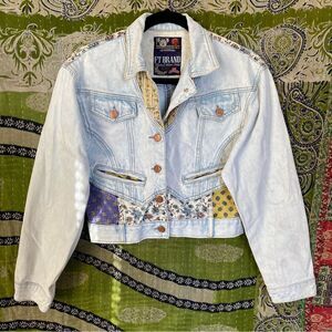 Vintage 80's FT Brand Denim Patchwork Cropped Denim Jacket Size Small